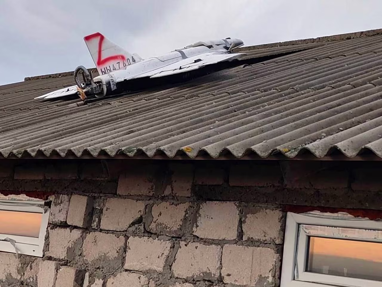 This image released by Moldova's Police on Tuesday shows a drone on the roof of a house in the village of Cuhurestii de Jos, northern Moldova, following Russian air attacks on Ukraine.