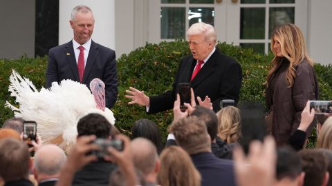 President Donald Trump and first lady Melania Trump stand next to national Thanksgiving turkey, Gobble, during a pardoning ceremony at the White House on November 25, 2025.