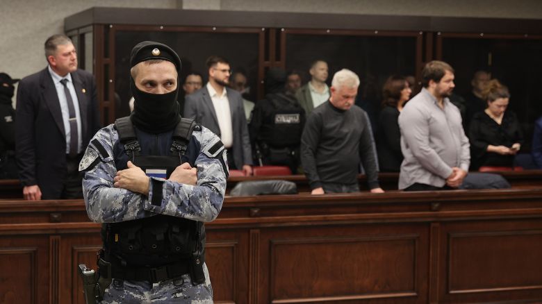 A Russian court sentenced eight men to life imprisonment on terrorism charges Thursday over a 2022 attack on a Crimean bridge. (AP Photo)