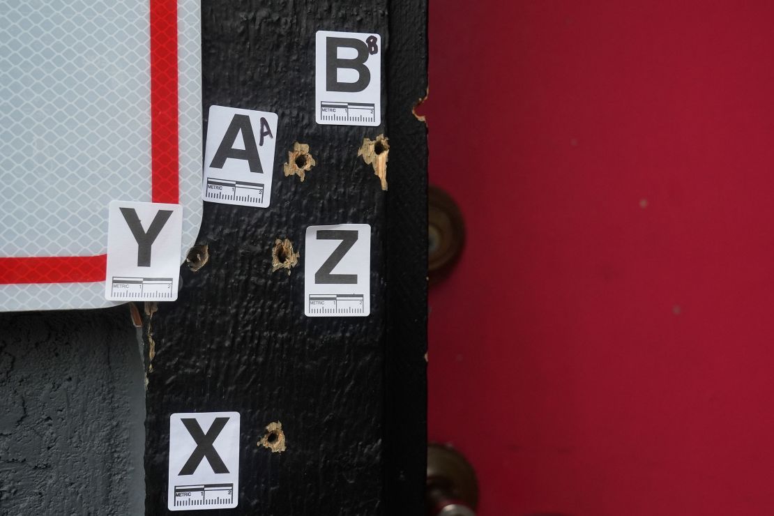Bullet holes are shown where a mass shooting took place Saturday at a banquet hall in Stockton, Calif., Monday, Dec. 1, 2025. (AP Photo/Jeff Chiu)