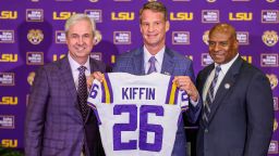 December 1, 2025: New LSU Head Football Coach Lane Kiffin, Athletics Director Verge Ausberry, and LSU President Wade Rousse pose for a picture after his first press conference at Tiger Stadium's South Stadium Club in Baton Rouge, LA. Jonathan Mailhes/CSM (Credit Image: © Jonathan Mailhes/Cal Sport Media) (Cal Sport Media via AP Images)