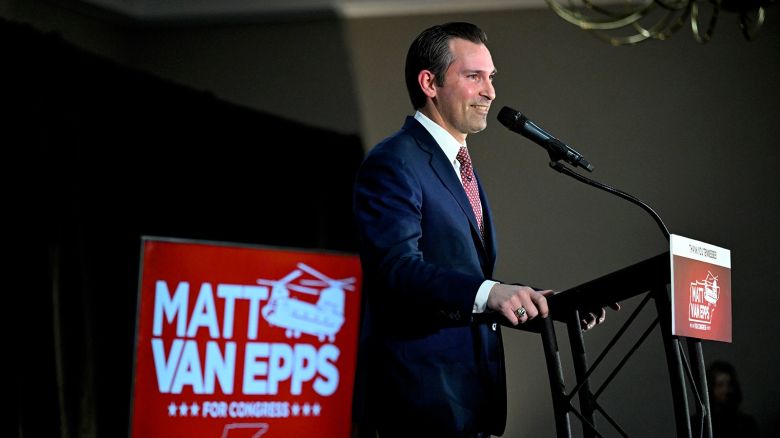 Republican candidate Matt Van Epps speaks to supporters at a watch party after announcing victory in a special election for the U.S. seventh congressional district in Nashville, Tennessee, on December 2, 2025.