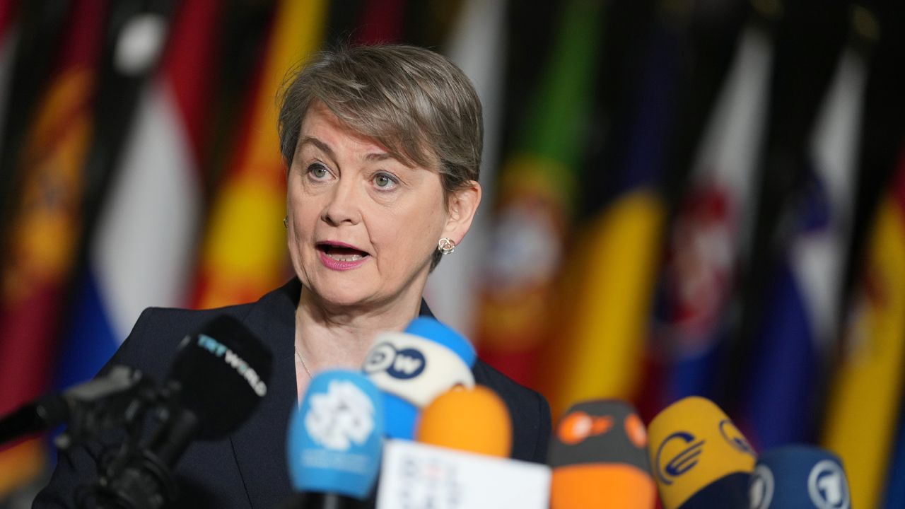 Britain's Foreign Secretary Yvette Cooper speaks with the media as she arrives for a meeting of NATO foreign ministers at NATO headquarters in Brussels, Wednesday, Dec. 3, 2025. (AP Photo/Virginia Mayo)
