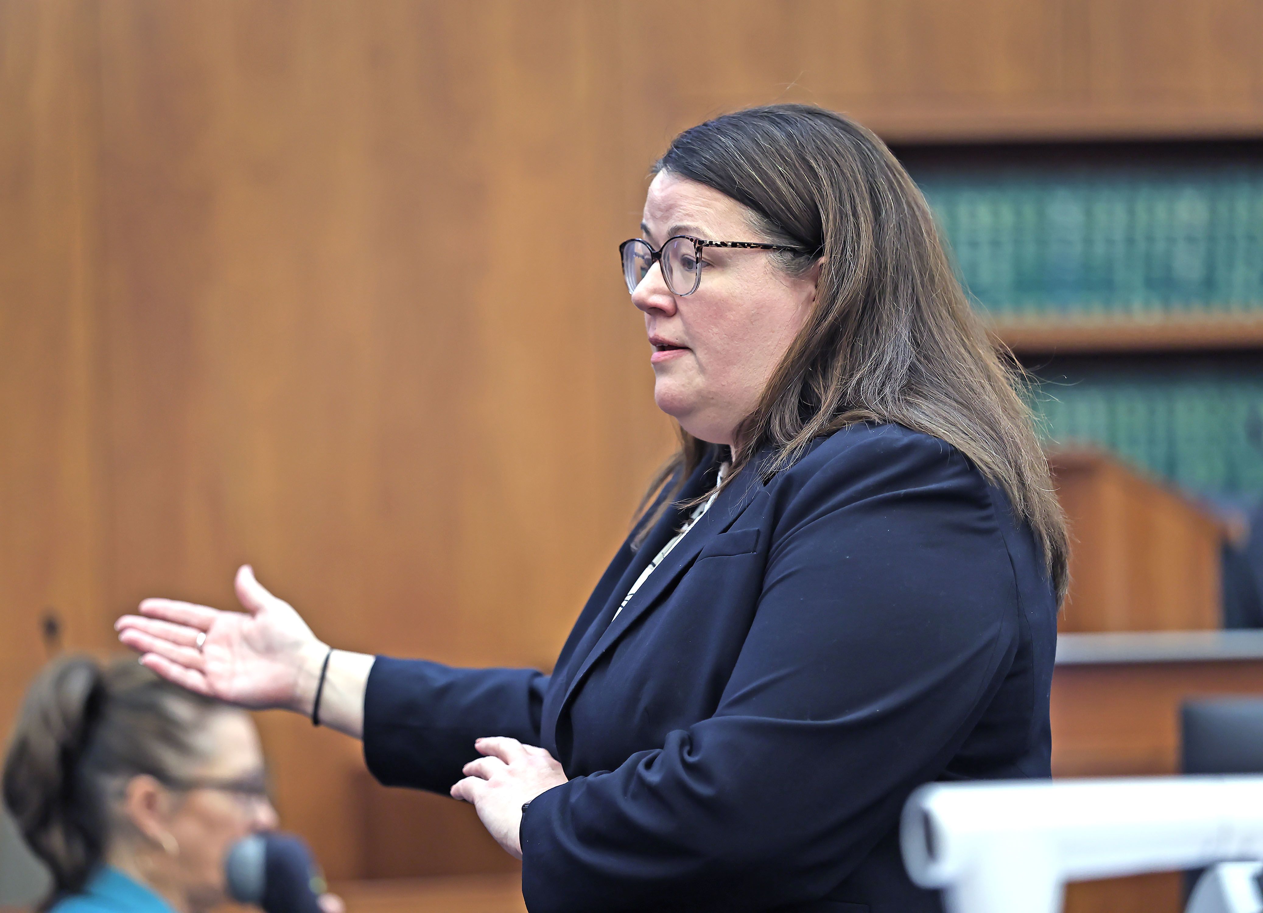 Prosecutor Jennifer Sprague makes her closing arguments during Lindsay Clancy's murder trial at Plymouth Superior Court in Plymouth, Massachusetts, on August 27.