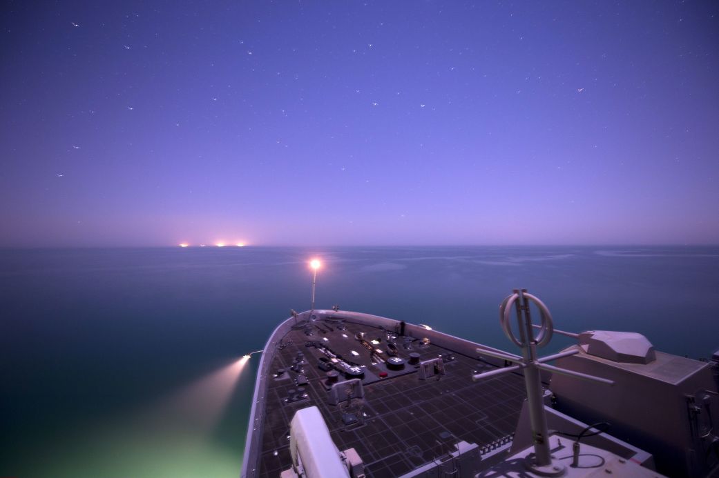 The USS New York anchored off the coast of Kuwait in February 27, 2015. This ship is part of the Iwo Jima Amphibious Ready Group.
