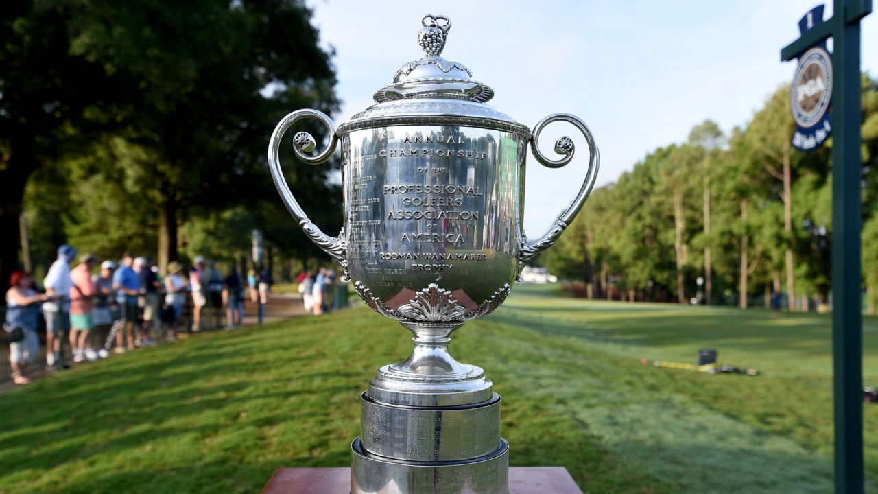CHARLOTTE, NC - AUGUST 13: The Wanamaker Trophy is displayed beside the first tee box during the final round of the PGA Championship on August 13, 2017 at Quail Hollow Golf Club in Charlotte, NC. (Photo by William Howard/Icon Sportswire) (Icon Sportswire via AP Images)