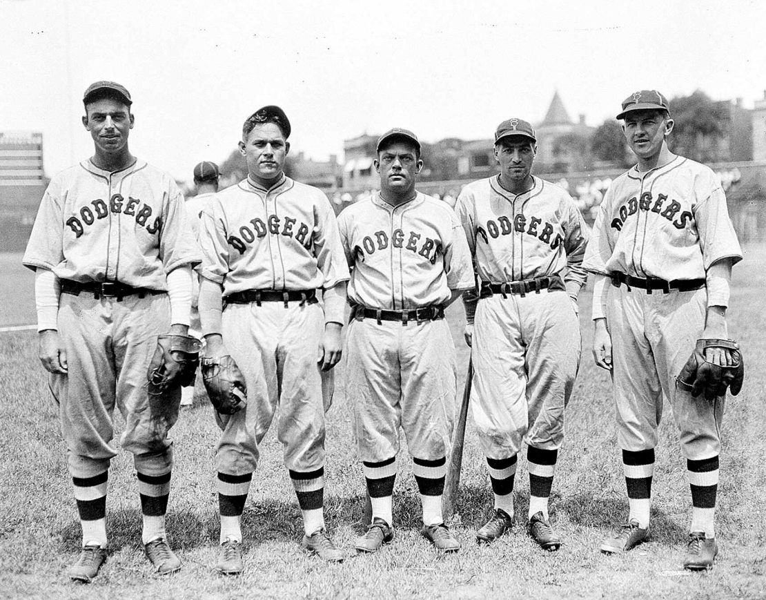 Joe Hutcheson, Sam Leslie, Dan Taylor, Johnny Frederick and Walter Beck pose at Ebbets Field on July 11, 1933.