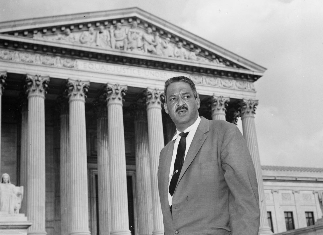 Thurgood Marshall stands outside the Supreme Court in Washington on August 22, 1958. Marshall, the head of the NAACP's legal arm who argued part of the Brown v. Board of Education case, went on to become the Supreme Court's first African-American justice in 1967.