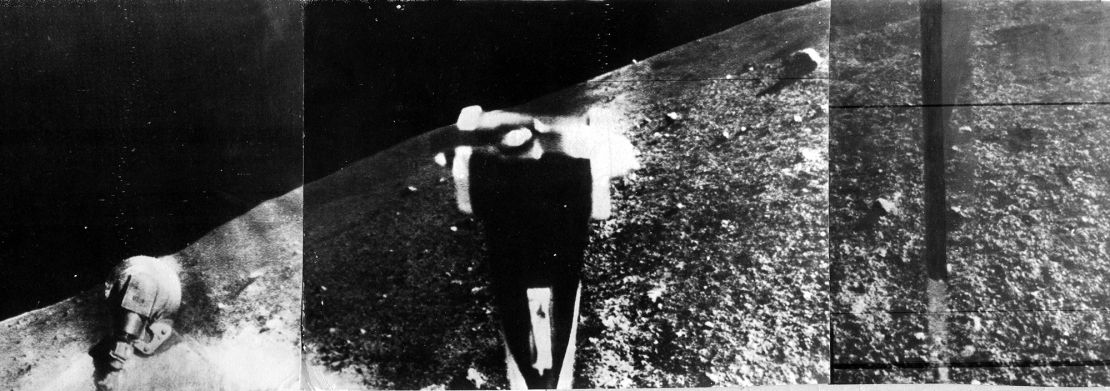 The Soviet Union's Luna 9 lander was the first uncrewed spacecraft to make a soft touchdown on the moon. Luna 9's mirror and antenna are seen in this image of the moon's surface, captured by the probe on February 7, 1966.