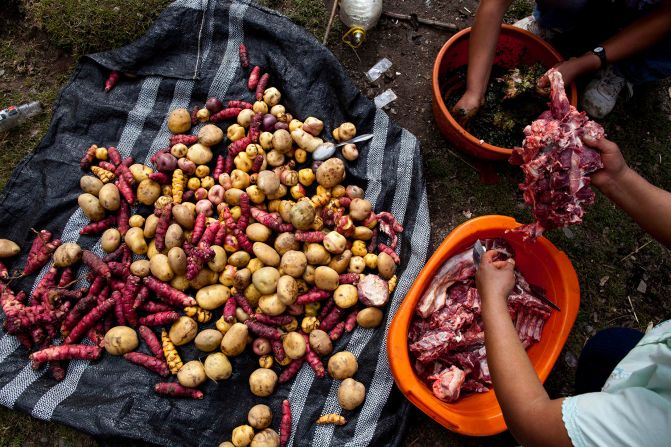 <strong>Pachamanca (Peru): </strong>Pachamanca (meaning earth pot in Quechua) is one of Peru's most traditional Incan cooking customs. A hole is dug in the ground and lined with fire-heated stones to cook the food.