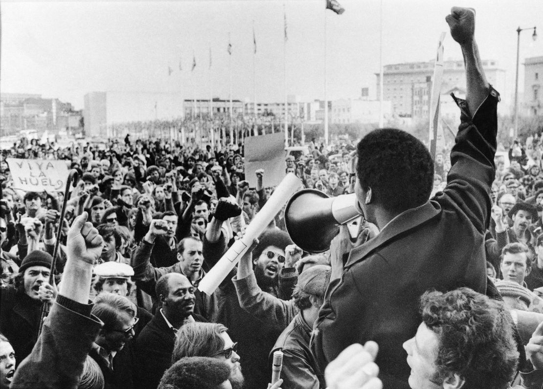 A Black Students Union leader rallies a crowd of demonstrators at San Francisco State College in December 1968. The union had gone on strike after racial strife between students and administration.