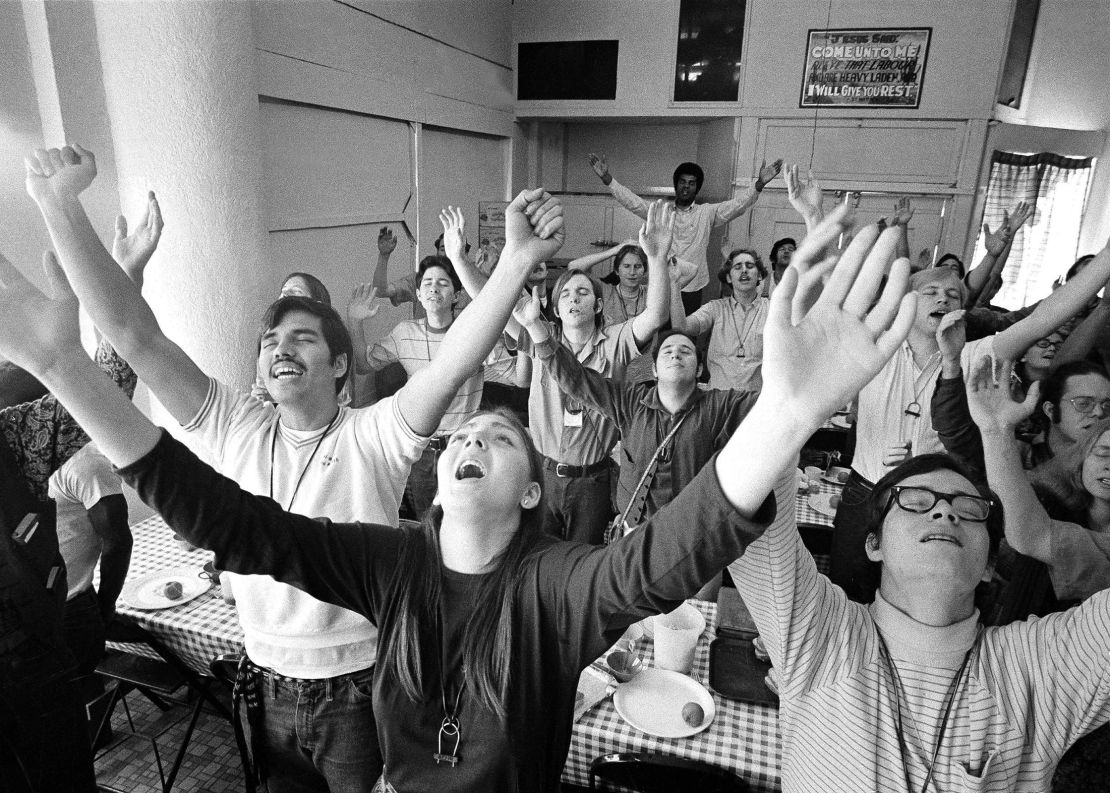 Members of what was once called the Jesus Movement sing at a Los Angeles building in 1971. Ward says his parents came out of a movement of Christians during that decade who were disenchanted with the mainstream church.