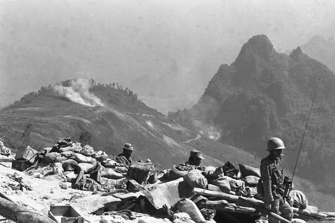 Laotian troops, seen here on a ridge near Long Tieng in 1972, faced constant mortar attacks in this former CIA stronghold.