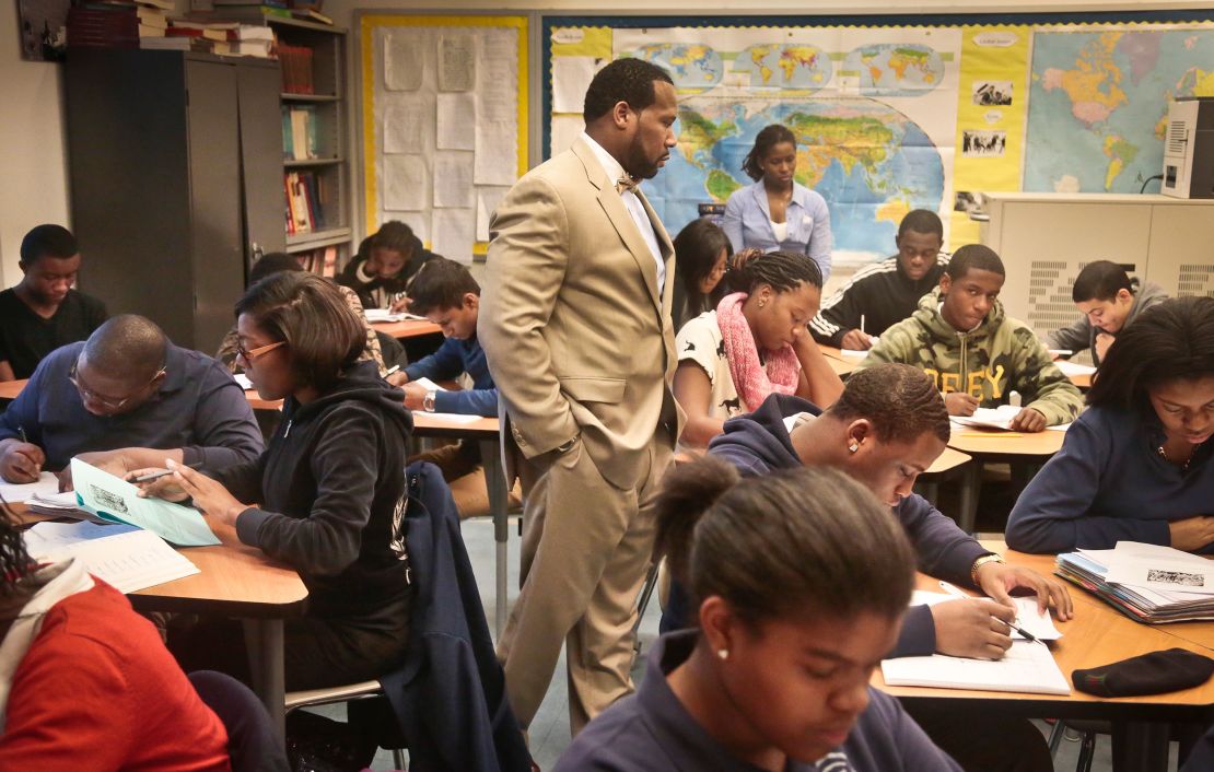 Adofo Muhammad, principal of Bedford Academy High School, teaches global studies to 10th and 11th graders in the Brooklyn borough of New York City on December 3, 2013. A 2014 report found that New York state had the most segregated public schools in the nation, with many Black and Latino students attending schools with virtually no White classmates.