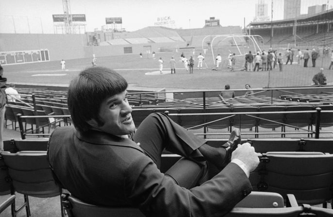 Rose watches the Boston Red Sox work out at Fenway Park in 1975. The next day, Rose’s Reds would play the Red Sox in the opening game of the 1975 World Series.