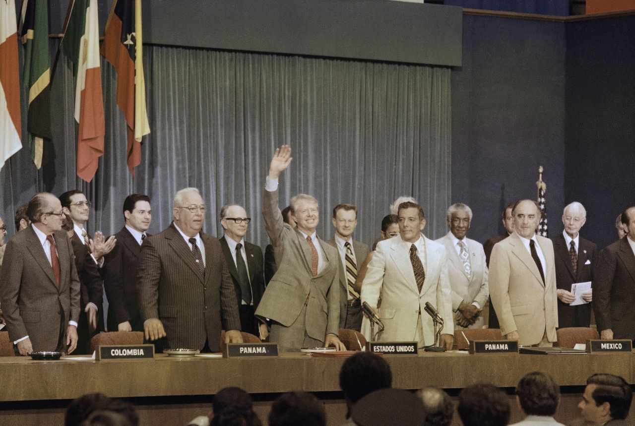 President Jimmy Carter waves after signing the Panama Canal Treaty in Panama on June 16, 1978.