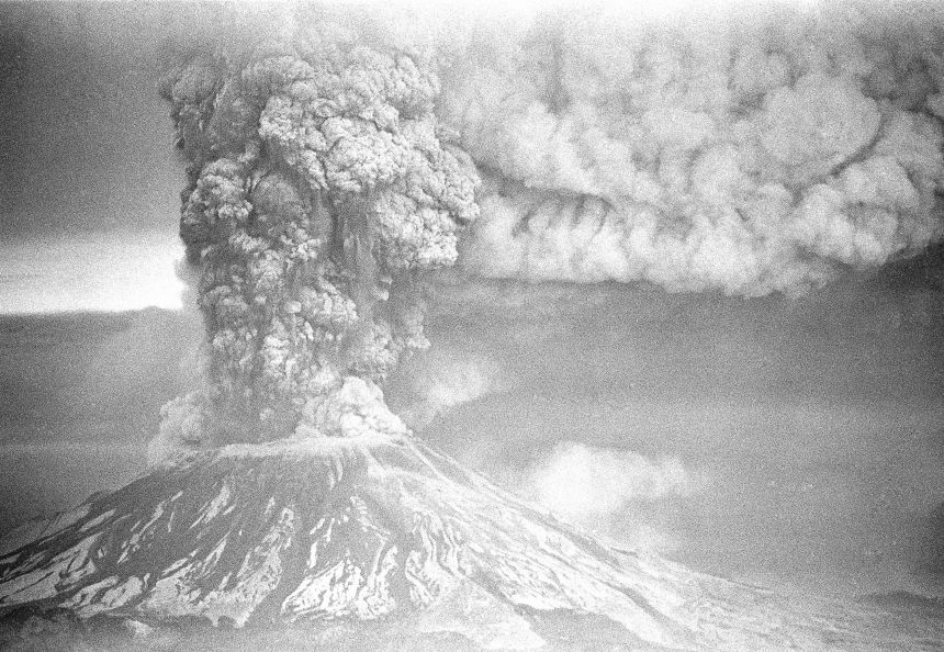 Mount St. Helens erupts in Washington state, sending a plume of ash many miles skyward on May 19, 1980.