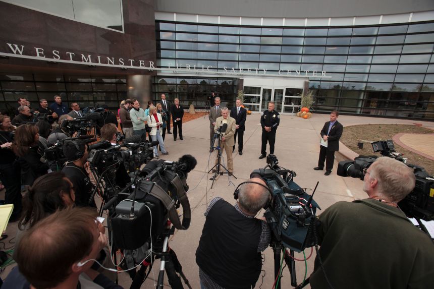 Jefferson County District Attorney Scott Storey speaks during the announcement of the arrest of Austin Reed Sigg for the murder of Jessica Ridgeway at the Westminster Police Station October 24, 2012, in Westminster.