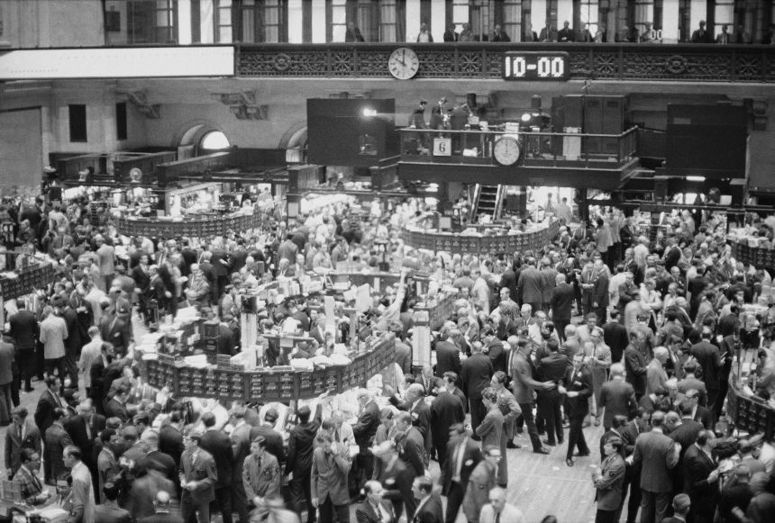 This was the jammed floor at the New York Stock Exchange on the morning of Nov. 6, 1968, after the presidential election on Nov. 5. In the first hour, stocks advanced. The Dow Jones Industrial Average was up 5.41 points at that time.