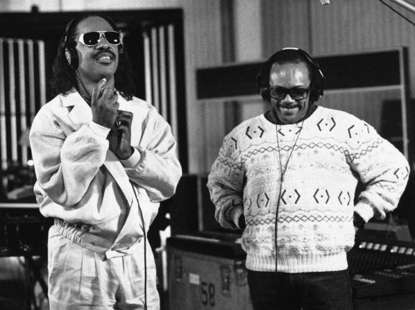 Stevie Wonder and Jones participate in a recording session in 1987 in Los Angeles.