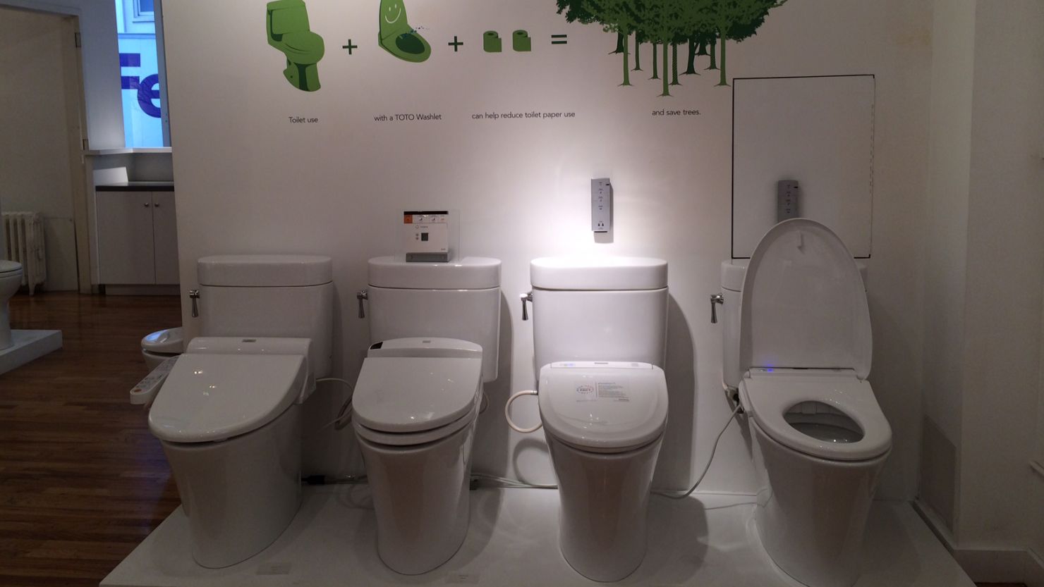This Feb. 21, 2014, photo shows TOTO Washlet high-tech toilets in the TOTO showroom in the Soho neighborhood of New York.