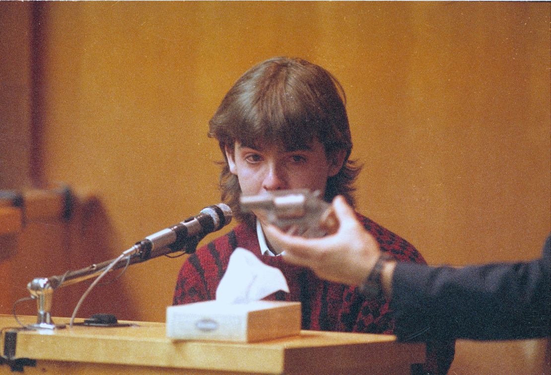 William Flynn, 17, is shown the gun he used at Pamela Smart's trial on March 12, 1991. Flynn told jurors how he, with the help of his girlfriend Smart, killed her husband.