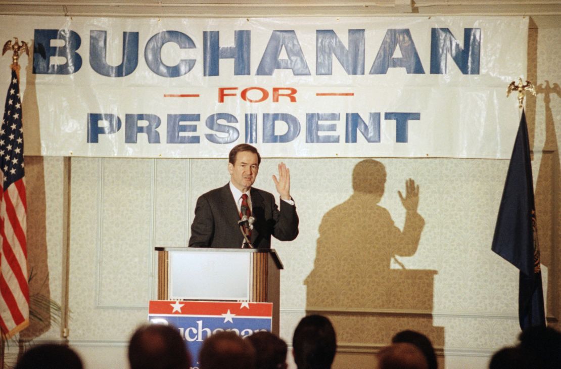 Republican presidential hopeful Pat Buchanan speaks at a meeting of Evangelical Pastors in Bedford, New Hampshire on Feb. 11, 1992.