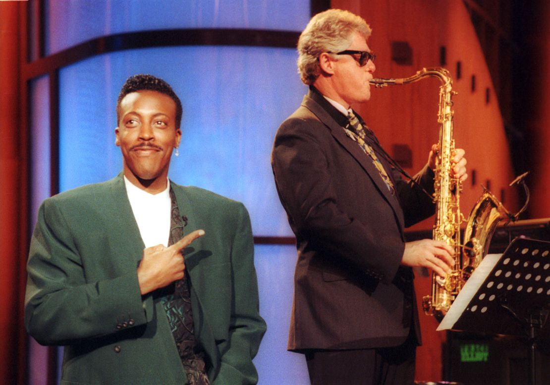 Bill Clinton plays 'Heartbreak Hotel' on saxophone on June 3, 1992 during a taping of 'The Arsenio Hall Show.'