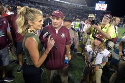 Samantha Ponder, left, interviews then-Florida State head coach Jimbo Fisher after a game in 2016.