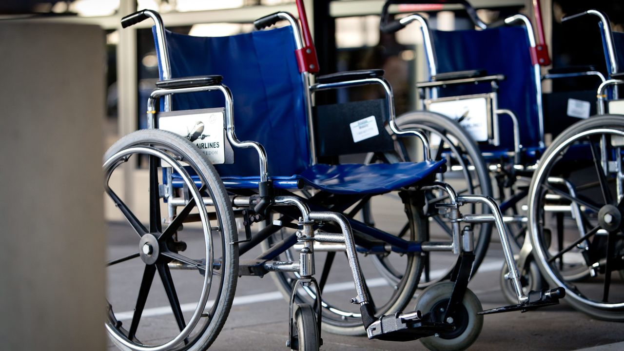 wheelchairs at San Diego airport, Lindbergh field with Southwest ads, in November 2015. Photo by: Frank Duenzl/picture-alliance/dpa/AP Images