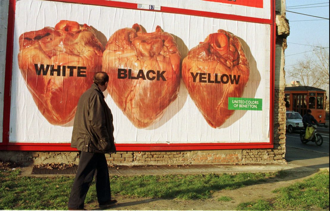 A 1996 photo of a billboard in Milan, Italy, shows one of Toscani's controversial Benetton campaign posters.