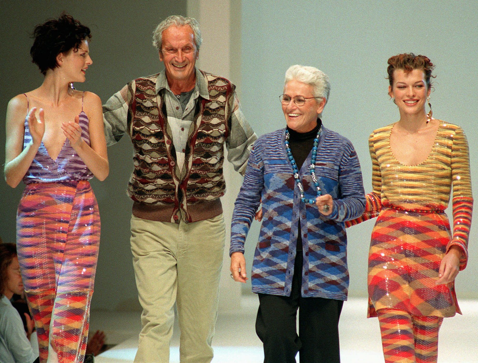 Ottavio and Rosita Missoni, center left and center right, presenting a collection in Milan in 1996.