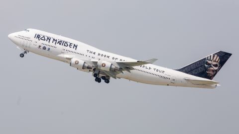 The tour airplane of the british band Iron Maiden, the so-called 'Ed Force One', a Boeing 747-400, takes off at the airport in Duesseldorf, Germany, 28 May 2016.