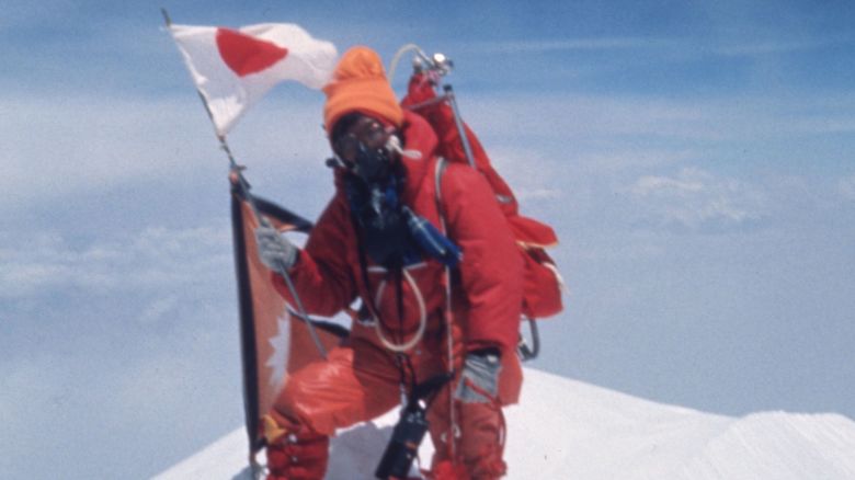 Mountain climber Junko Tabei becomes the first woman to stand on the summit of Mt. Everest in Nepal on May 16, 1975. (Tabei Kikaku Co.; Ltd via AP)