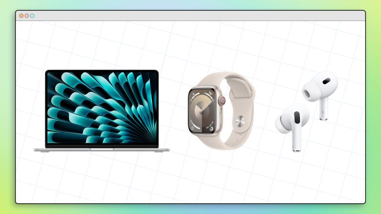 (L to R) A MacBook, Apple Watch and AirPods Pro 2 in a collage graphic that uses a desktop window graphic background