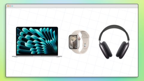 (L to R) A MacBook, Apple Watch and AirPods Max in a collage graphic that uses a desktop window graphic background