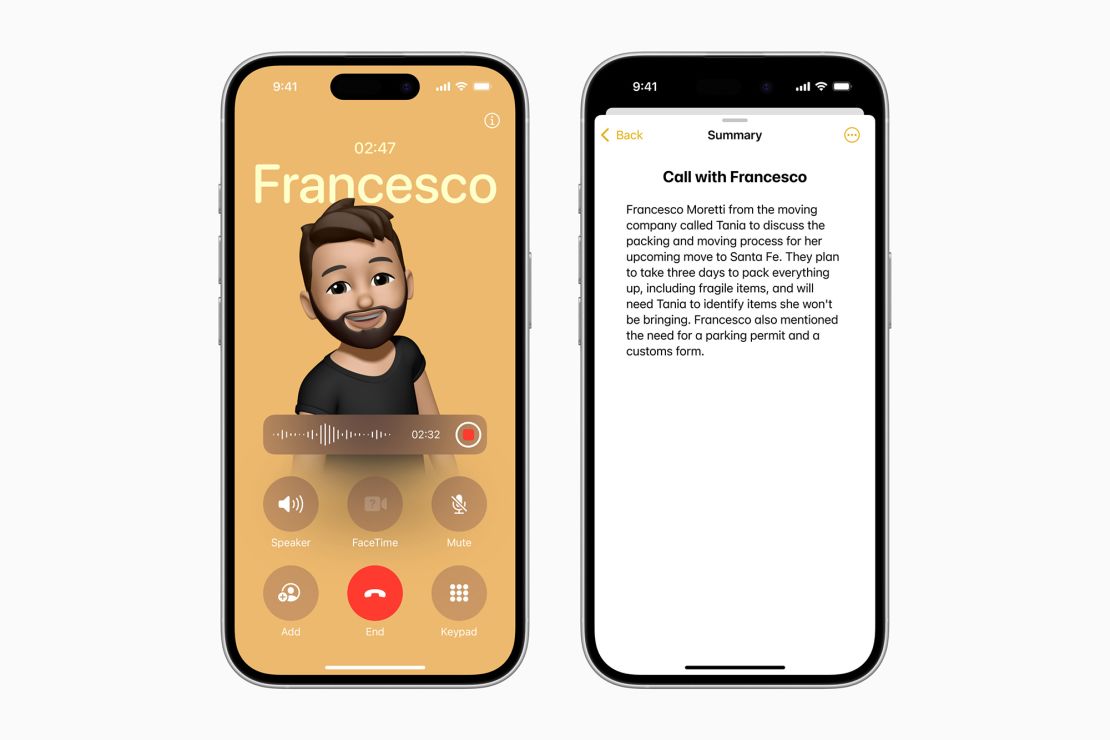 Users can record and transcribe audio in the Phone and Notes apps, and Apple Intelligence will summarize the transcription.