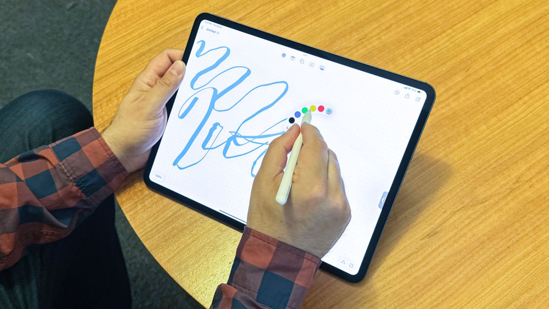 Drawing with varying thicknesses is seen on the iPad Pro M4 using the Apple Pencil Pro.