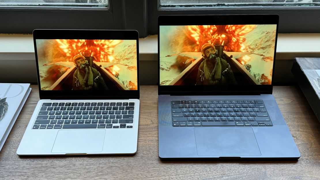 (L, R) a 13-inch M3 MacBook Air and a 16-inch M3 MacBook Pro both show an explosion happening behind the fighter plane of Rooster (Miles Teller) in “Top Gun: Maverick”