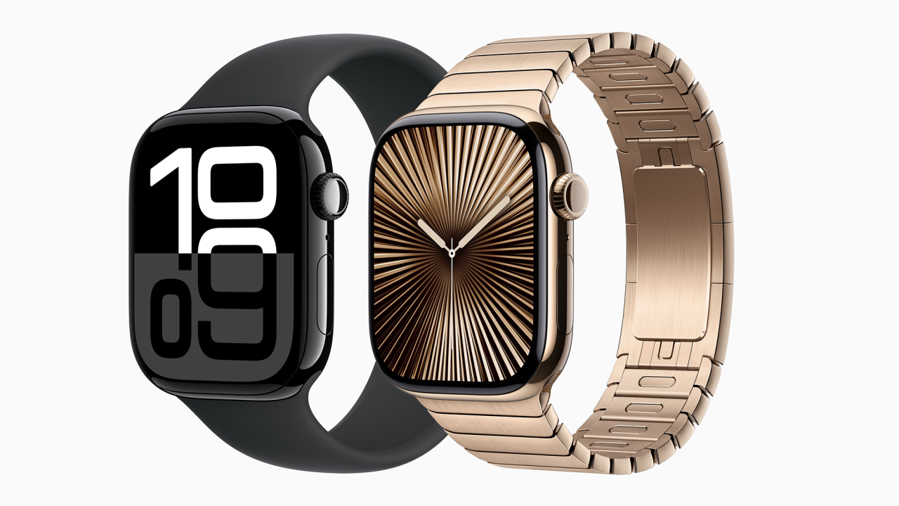 (L, R) black and metallic Apple Watch Series 10 watches besides each other