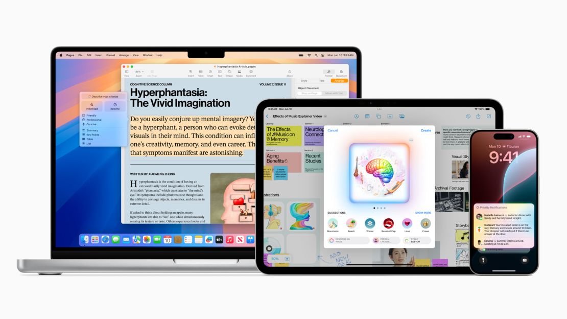 a MacBook, iPad and iPhone all show off Apple Intelligence-packed features with rewrite, image playground and notifications