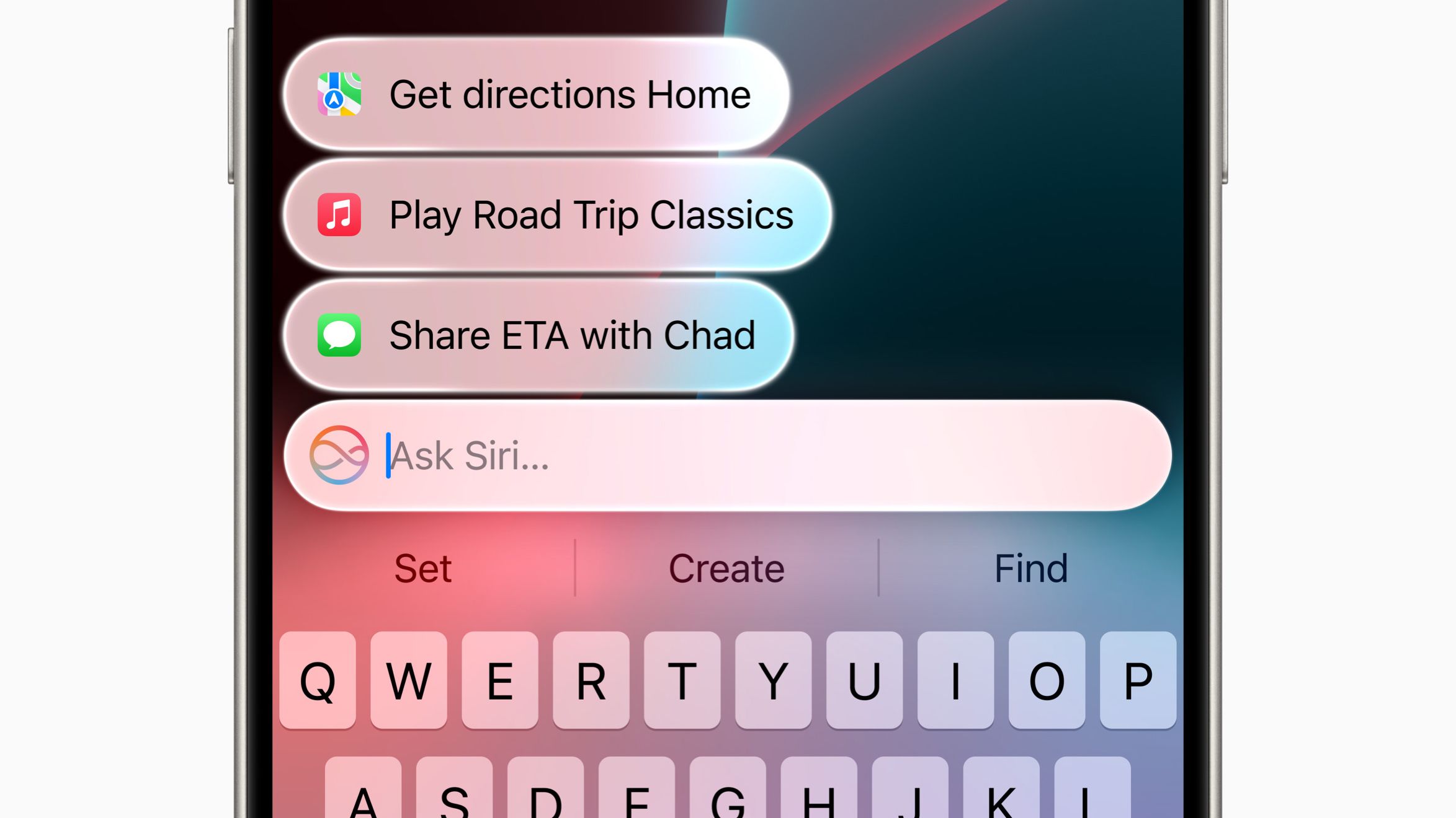 Një telefon me iOS 18 ka një fushë teksti "Ask Siri" me sugjerime nga Maps, Music dhe Messaging.