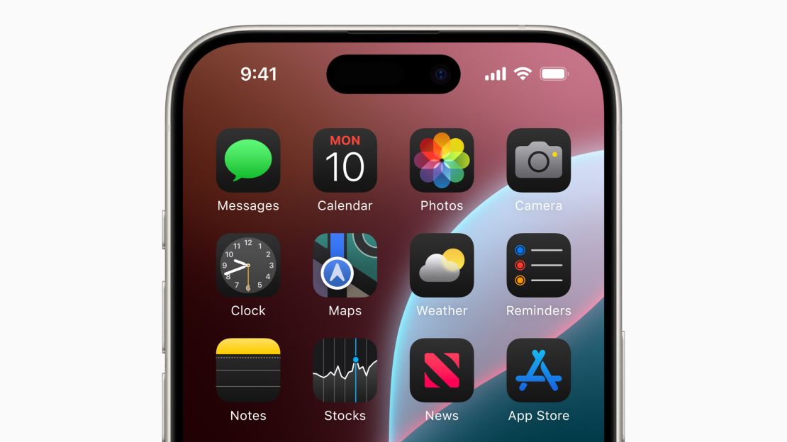 An iOS 18 home screen with the dark versions of Messages, Calendars, Photos, Camera and other app icons.