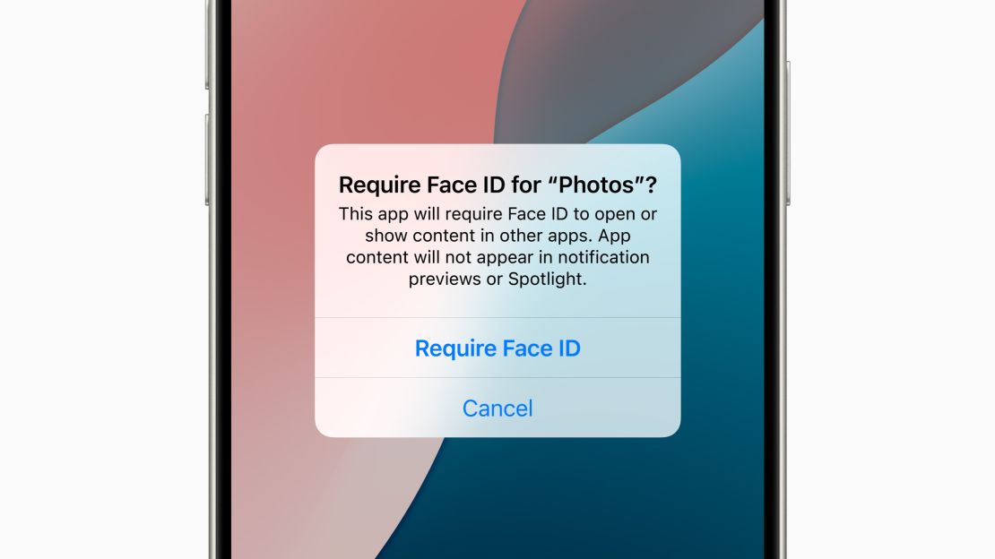 A prompt on iOS 18 reads "Require Face ID for "Photos"?
This app will require Face ID to open or show content in other apps. App content will not appear in notification previews or Spotlight."