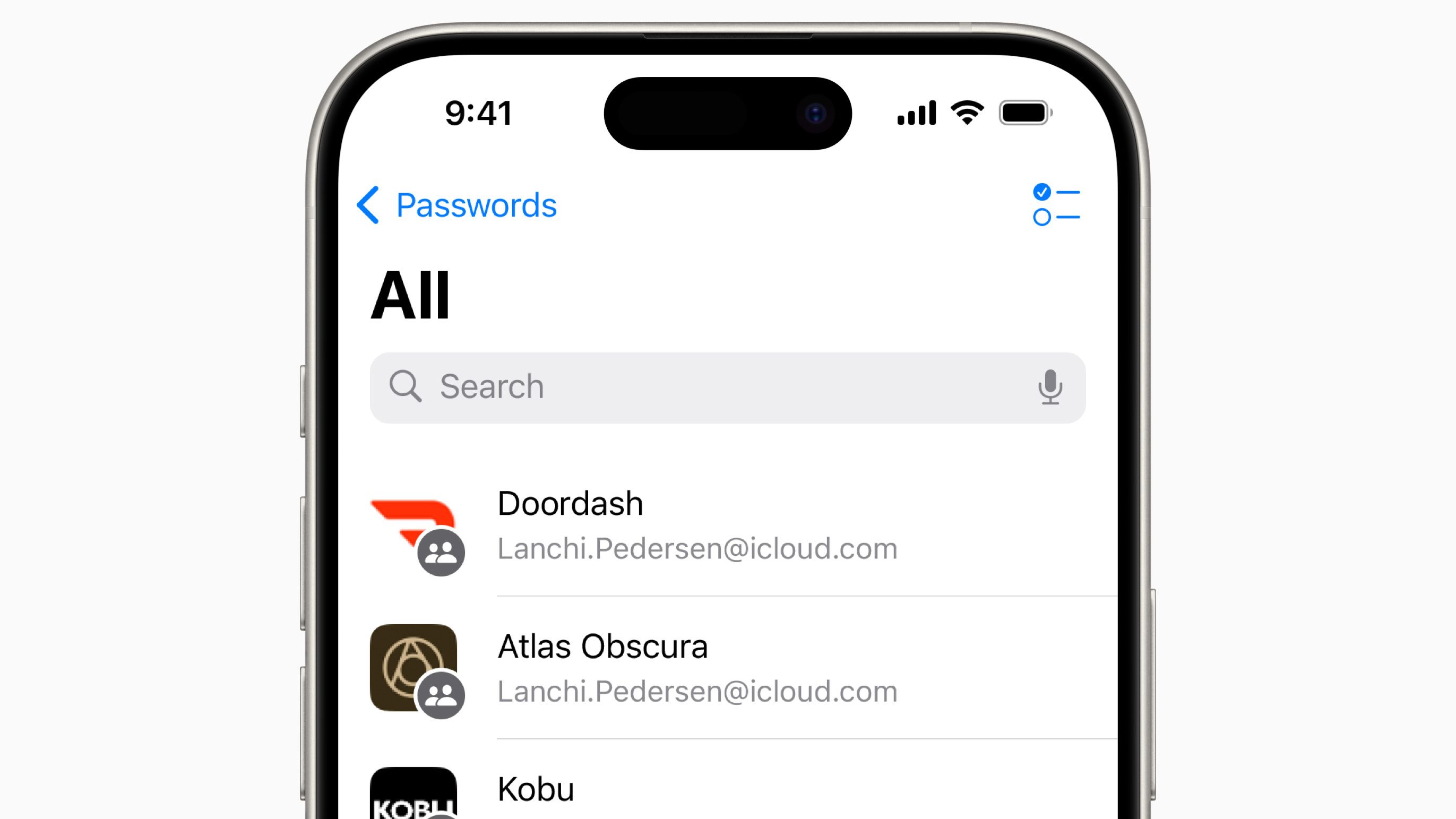 Aplikacioni i ri iOS 18 Passwords, i shfaqur me hyrjet për Doordash dhe Atlas Obscura.