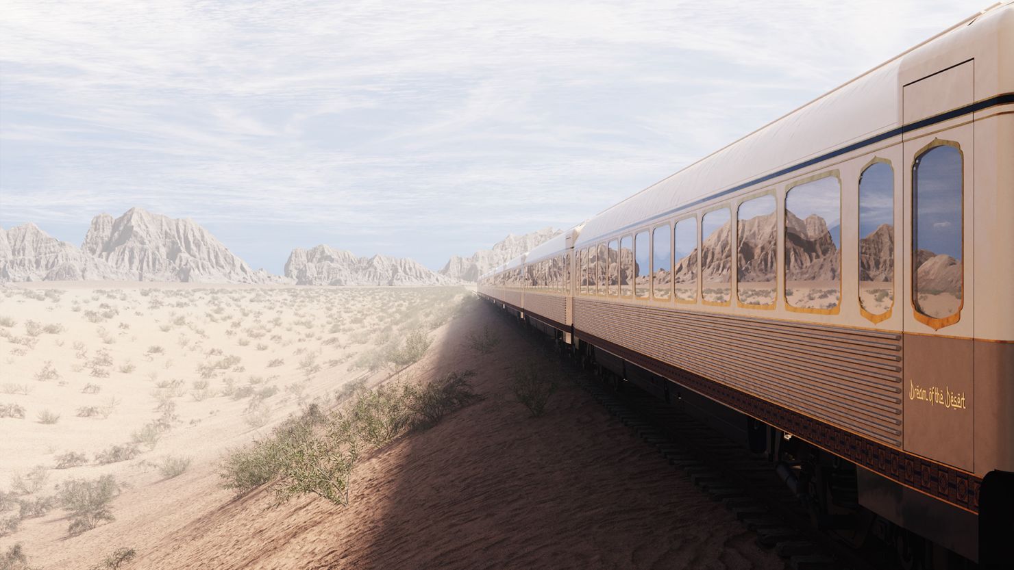 A rendering of luxury train Dream of the Desert, which is due to launch in Saudi Arabia in 2025.