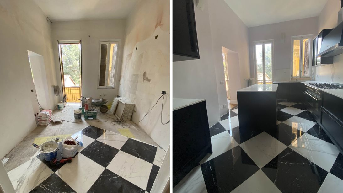 Apartment kitchen, during and after renovation.