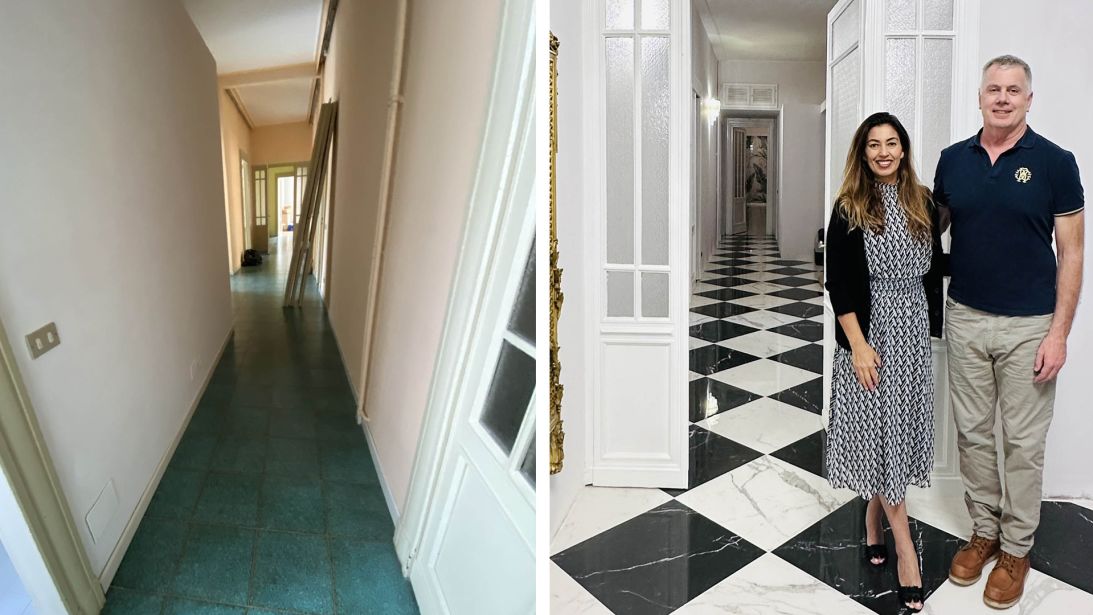The hallway of the couple's apartment before and after renovation.