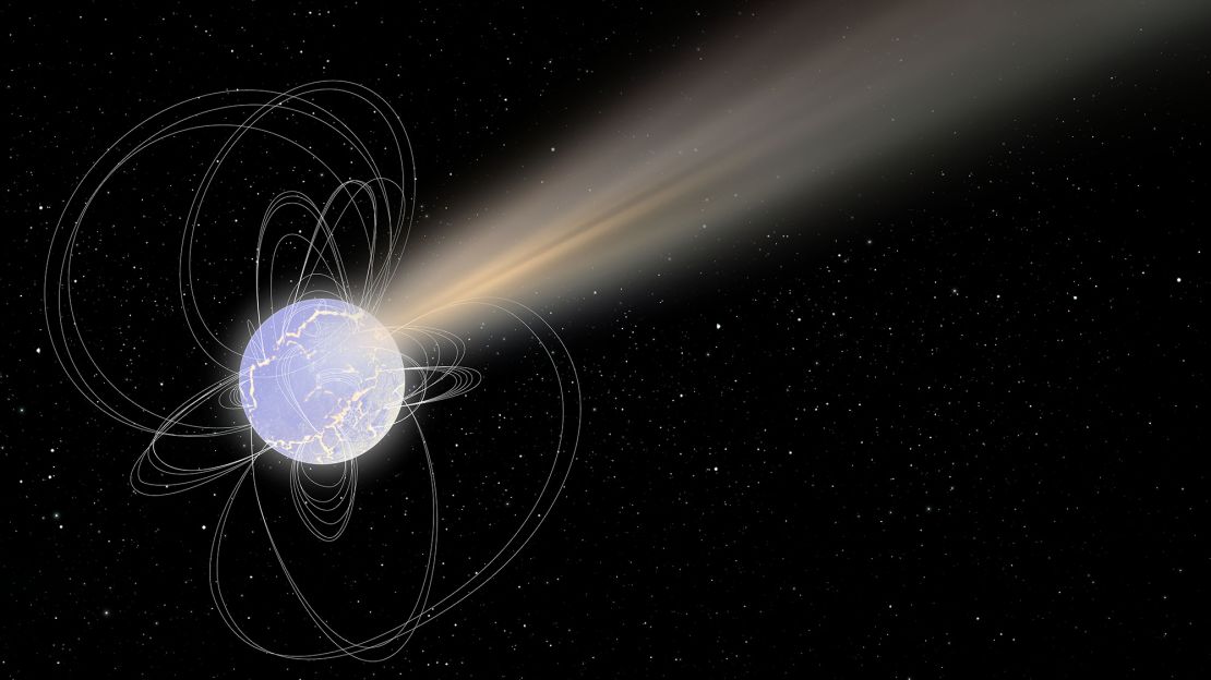 An artist's illustration depicts radio waves and X-rays releasing from a magnetar, a highly magnetized stellar remnant. Magnetars are the likely source for many fast radio bursts.