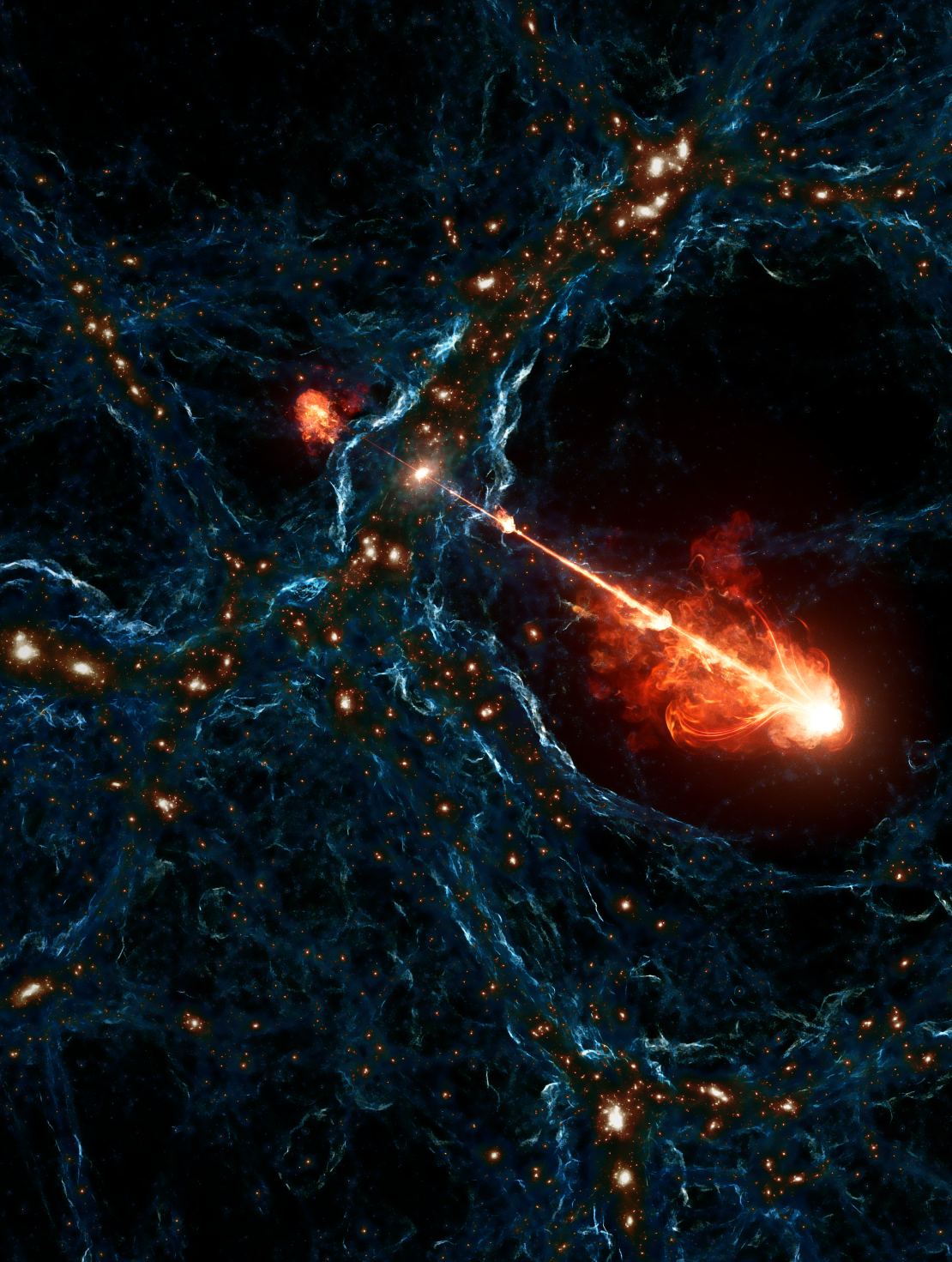 An artist's illustration demonstrates the scale of Porphyrion as its jets extend across intergalatic space.